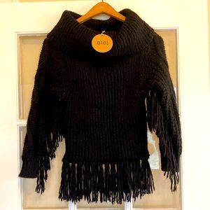 NWT black cowl-neck sweater with fringe